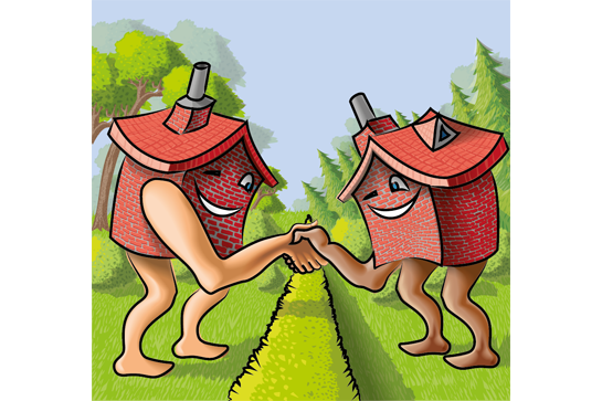 Cartoon met buren die elkaar de hand reiken met hulp van een burenbemiddelaar